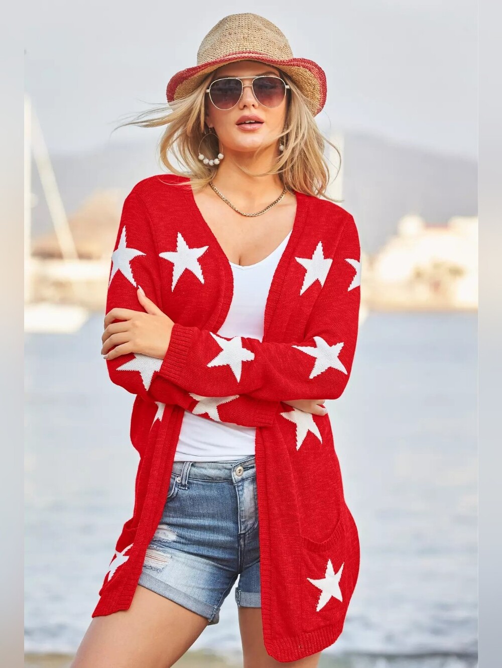 Boston Proper Red White Star Patriotic Cardigan - Size XS